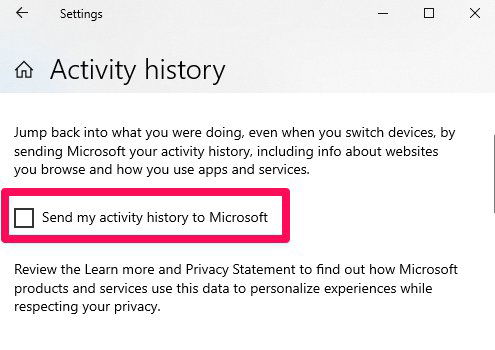 Windows Settings Send My Activity History To Microsoft 1