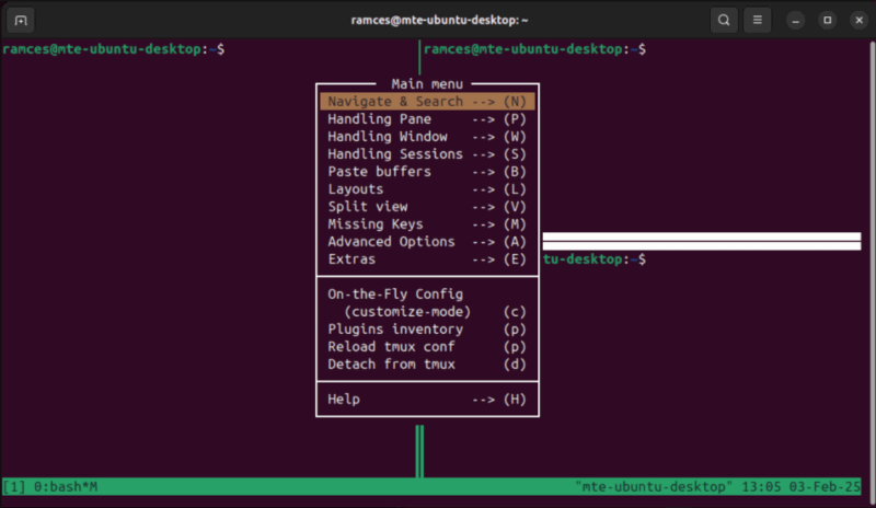 A terminal showing the tmux-menus plugin working.