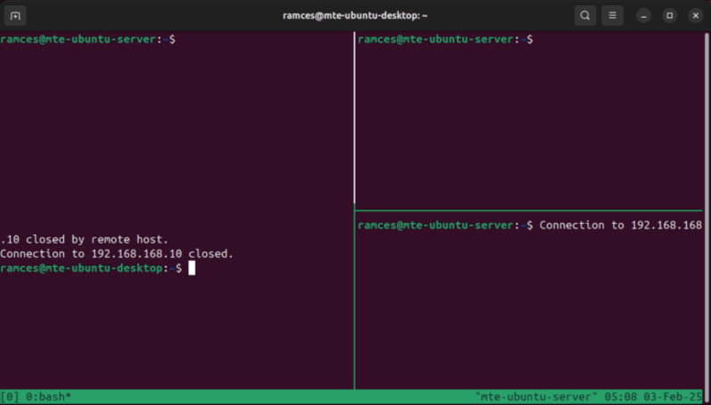 A terminal showing the a Tmux session abruptly disconnected.