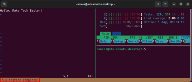 A terminal showing the restore process in tmux-resurrect that includes recovering the program state.