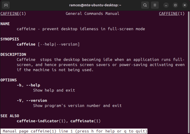 A terminal showing the man page for the Caffeine utility.