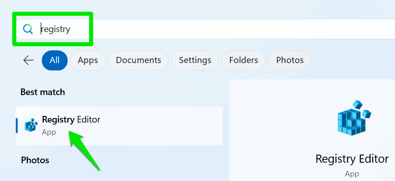 Windows Registry in start menu