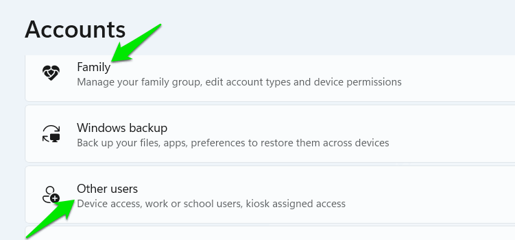 Accounts options in Windows 11 Settings