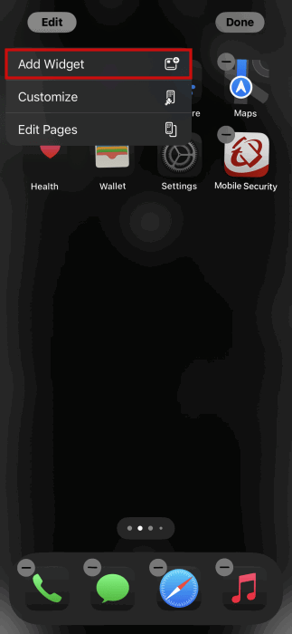 Tapping "Add widget" button on iPhone home screen. 