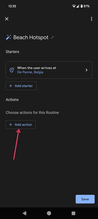 Tapping on new "Add action" button when creating new Routine on Android. 