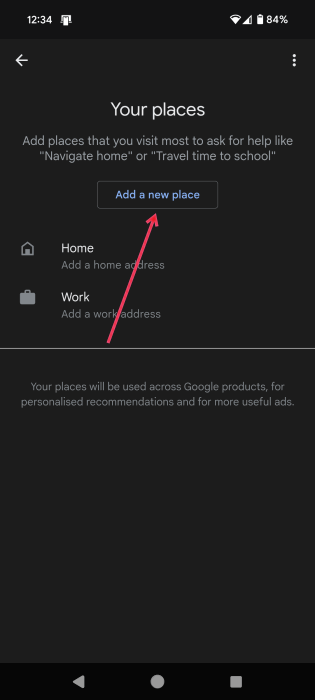 Tapping on "Add a new place" button in "Your Places" on Android device.