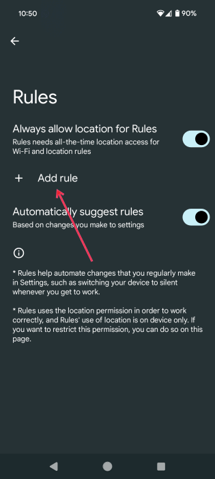 Tapping "Add rule" in Android Rules screen.