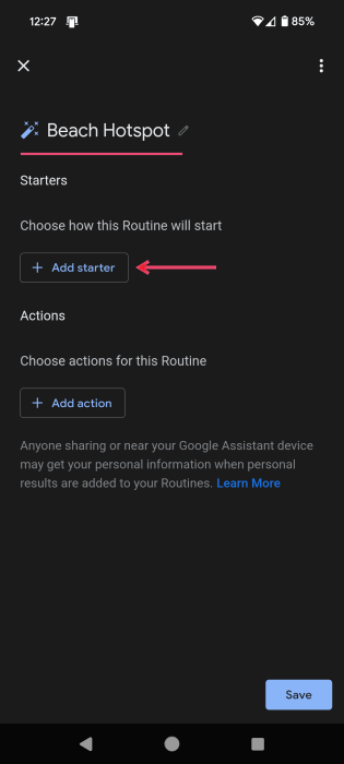 Pressing "Add starter" button after naming new Routine on Android. 