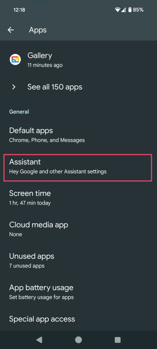 Selecting Assistant option under Apps in Android Settings. 