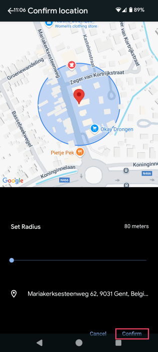 Confirming location while creating new Rule on Android. 