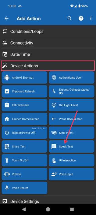 Selecting "Device Actions" option  in MacroDroid app on Android.
