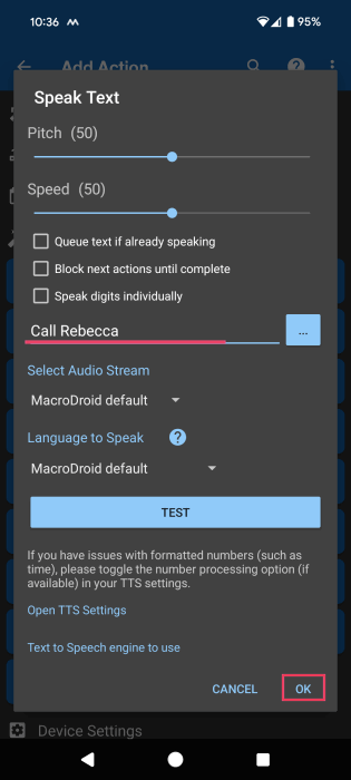 Setting up the Speak Text action in MacroDroid app on Android.