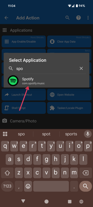 Searching for app to set as Action for new routine in MacroDroid app on Android. 