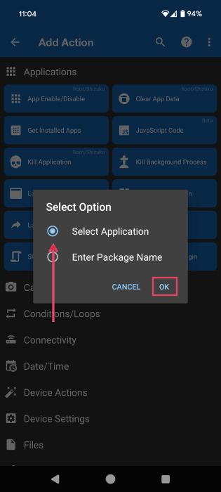 Opting for "Select Application" for Action in MacroDroid app on Android. 