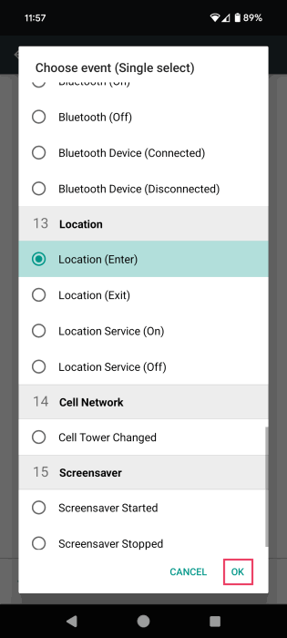 Opting for "Location (Enter)" option as Trigger in RuleBot app on Android. 