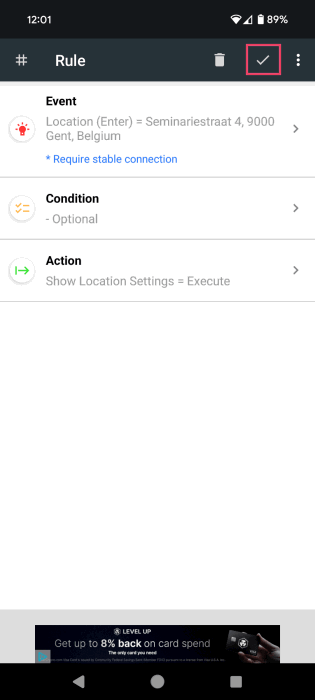 Saving new rule in RuleBot app on Android. 