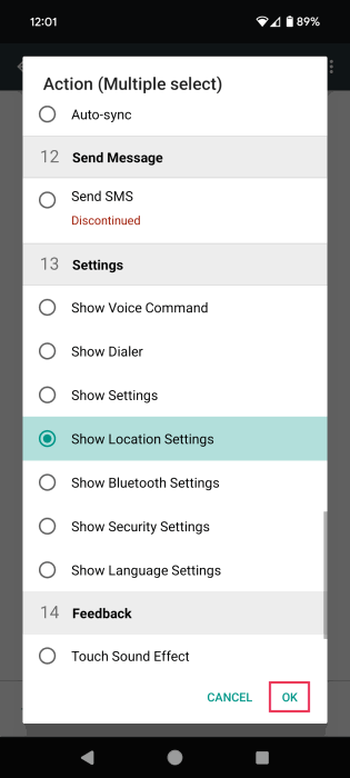Opting for "Show Location Settings" option as action for routine in RuleBot app on Android. 