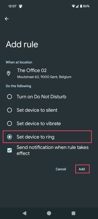 Opting for "Set device to ring" condition when creating new Rule on Android. 