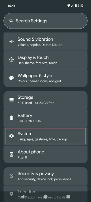 Tapping on System option in Android Settings. 