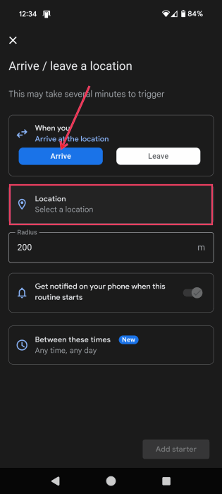 Tapping on Location option in new Routine on Android. 