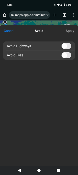 Using Avoid function in Apple Maps for web on Android phone. 