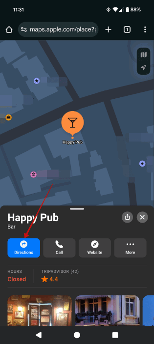Pressing on "Directions" button in Apple Maps for web on Android device. 