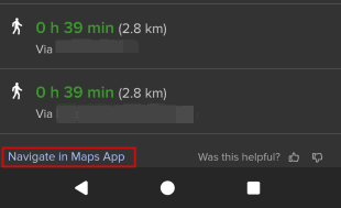 "Navigate in Map App" button in DuckGoGo browser on Android.