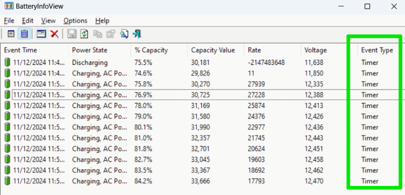BatteryInfoView battery log showing all events