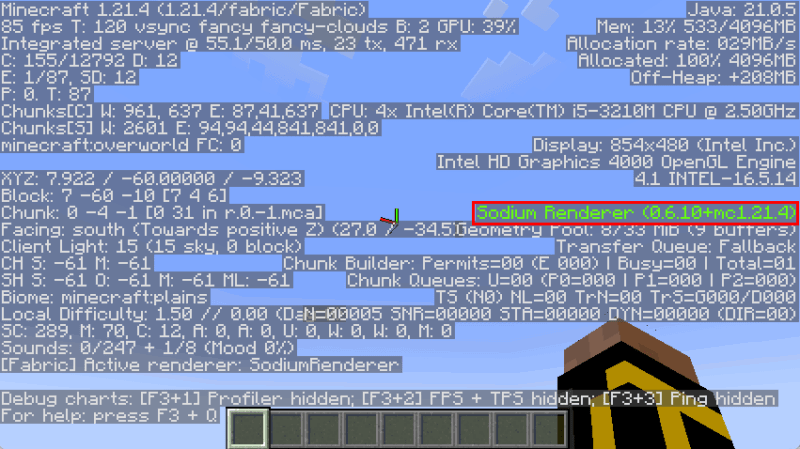 A screenshot showing the F3 screen highlighting the Sodium Renderer running on the game.