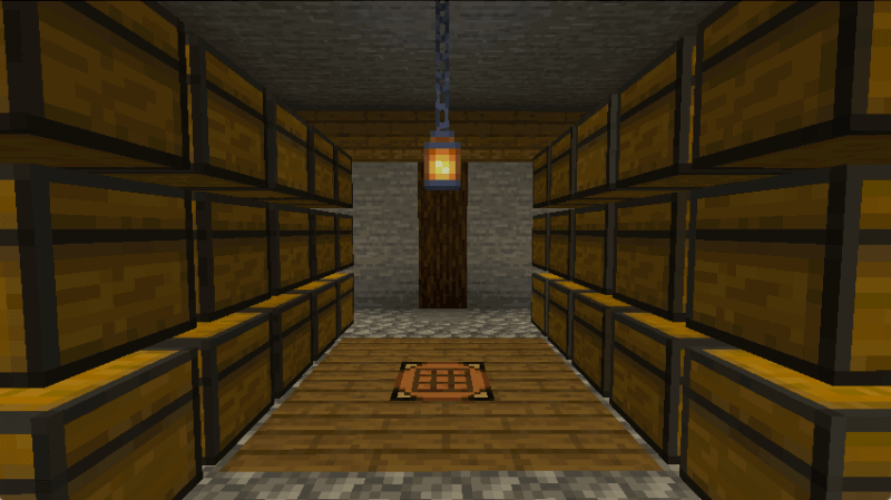 A screenshot showing a simple storage room with multiple block entities.