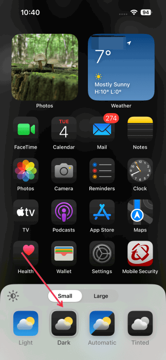 iPhone home screen with dark icons view. 