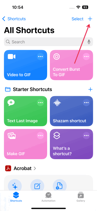 Pressing the + sign in the Shortcuts app on iPhone. 