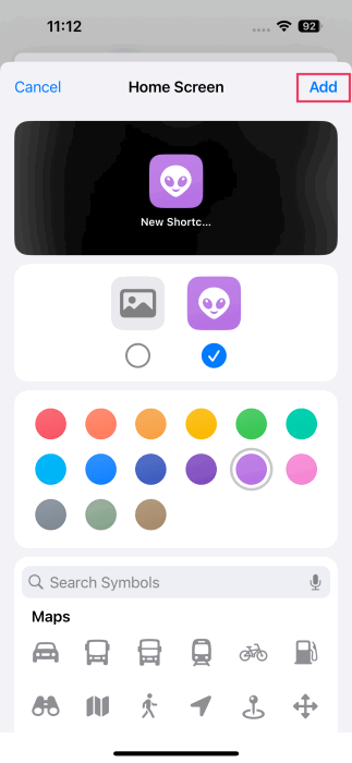 Creating new icon for app in Shortcuts app on Instagram. 