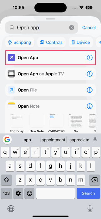 Searching for action in Shortcuts app on iPhone. 