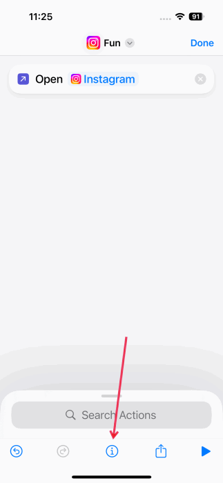 Pressing on i button when creating new Shortcut on iPhone. 