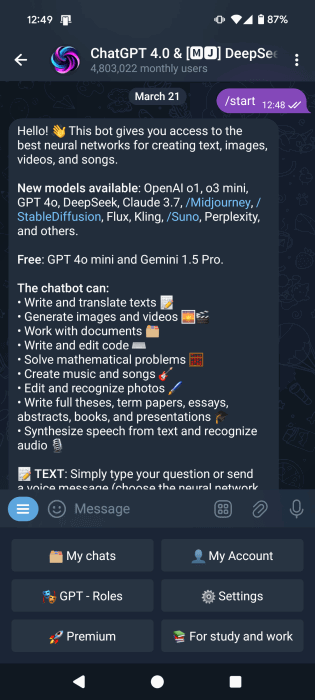 Viewing ChatGPT bot features and options in Telegram app.