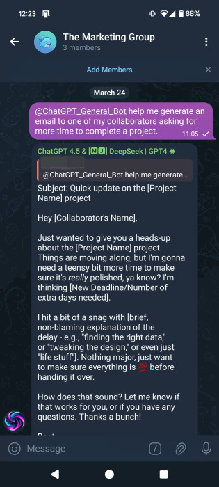 Group chatting with ChatGPT in Telegram app.