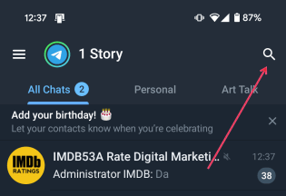 Pressing on the search icon in Telegram app.