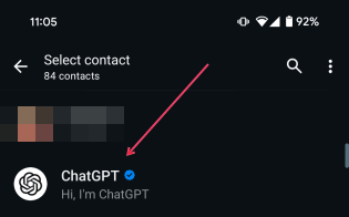Selecting ChatGPT contact in WhatsApp on Android.