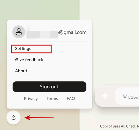 Navigating to Settings in Copilot app on Windows PC.