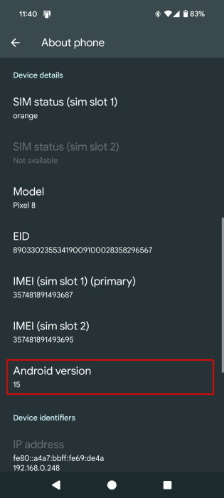 Checking Android version on Android phone via Settings.