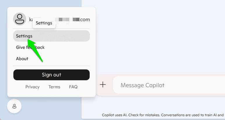 Copilot Settings Menu