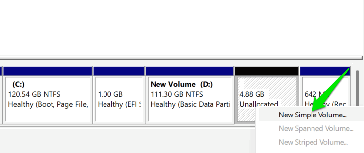 Creating a new volume in WIndows disk management