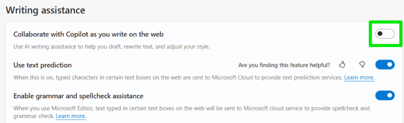 Microsoft Edge option to disable Copilot writting assistant