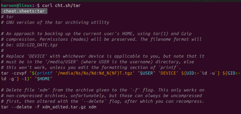 Displaying Cheatsheet Page Of Tar Command