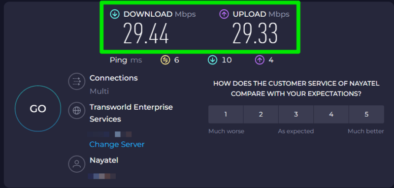 Ookla internet speed test results
