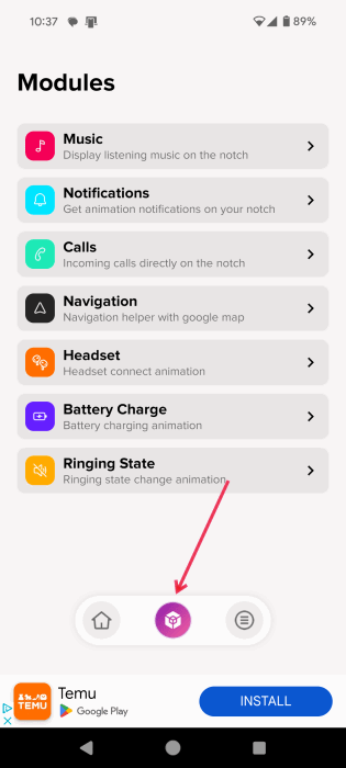 Modules available for Dynamic Island mode in Dynamic Bar app.