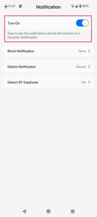 Turning on toggle in Notification panel in Dynamic Notification app.