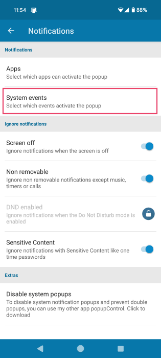 Opting for "System events" in DynamicSpot app.