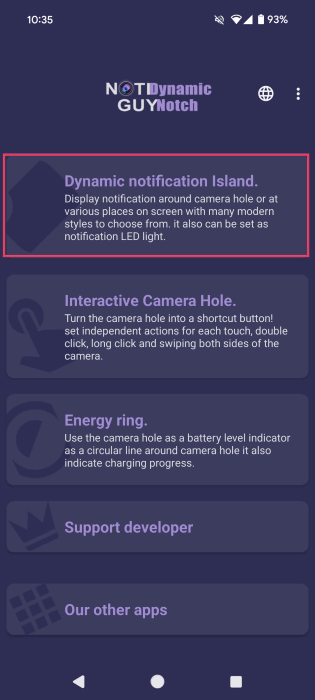 Tapping on "Dynamic Notification Island" option in Notiguy app.